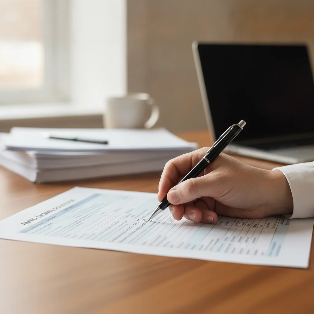 Hand filling out an auto insurance policy change form to remove physical damage coverage