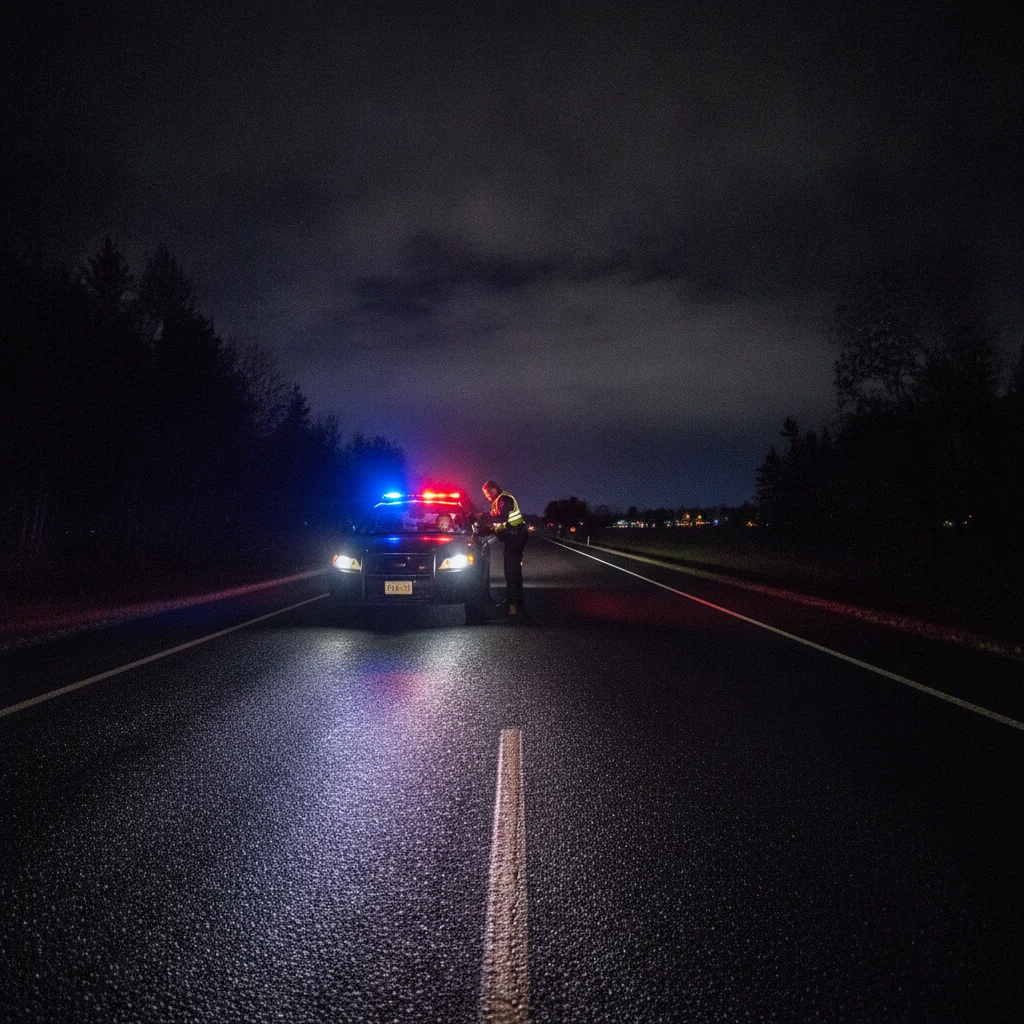 Police officer conducting a traffic stop at night on a dark highway road