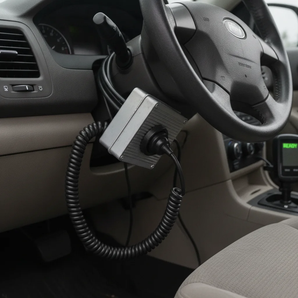 Ignition interlock device mounted on a vehicle steering column near the dashboard