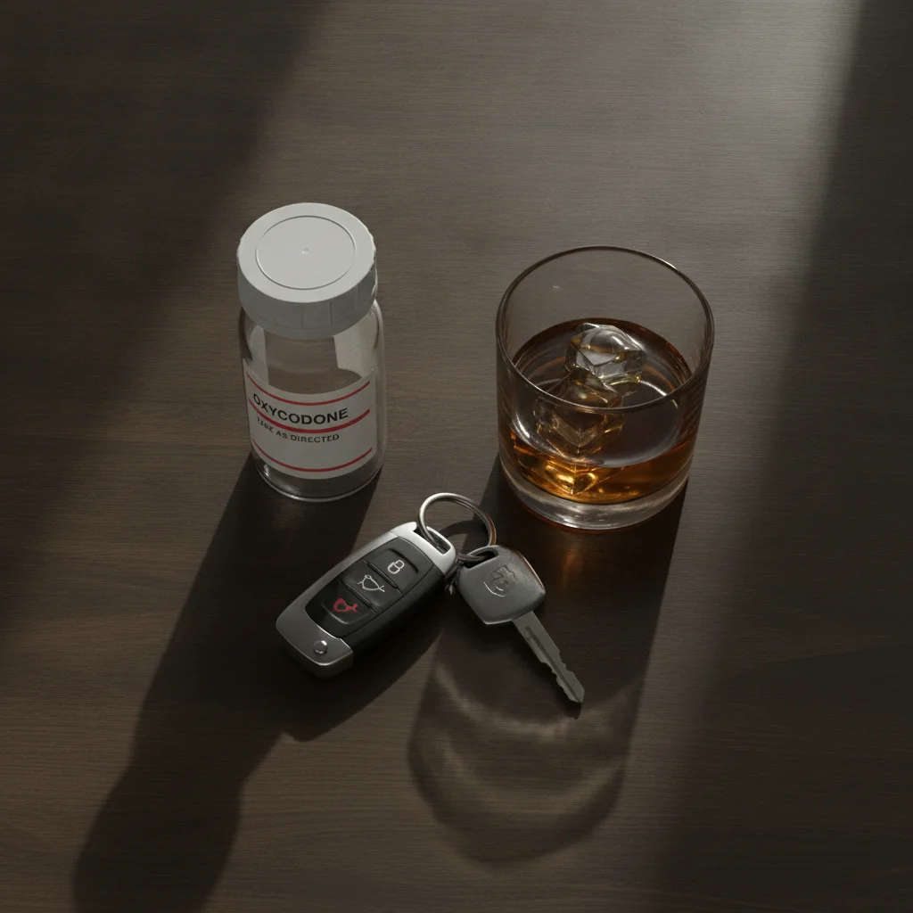Prescription pill bottle and car keys next to a glass of alcohol on a wooden table