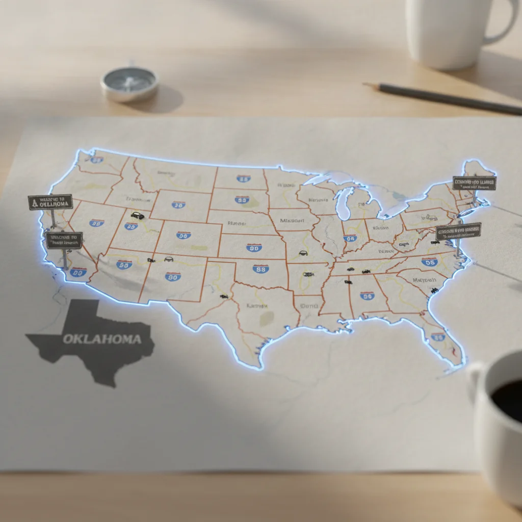 Road map showing US state borders with highway signs at state boundary crossings