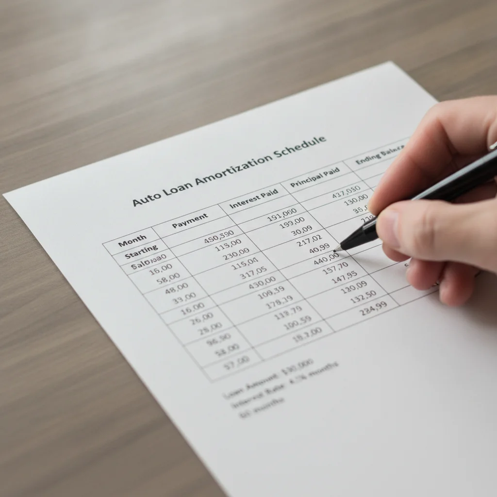 Close-up of an auto loan amortization table with interest and principal columns highlighted by a pen