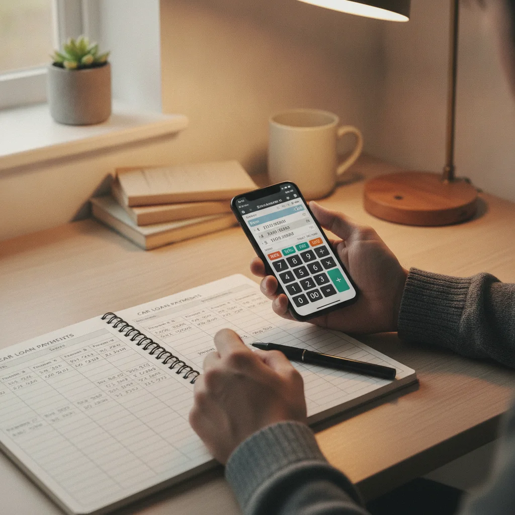 A borrower using a calculator app and budget notebook to track extra auto loan payments