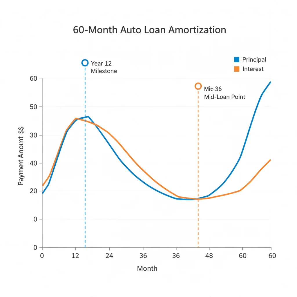 Amortization curve chart for a 60-month auto loan showing front-loaded interest payments over time