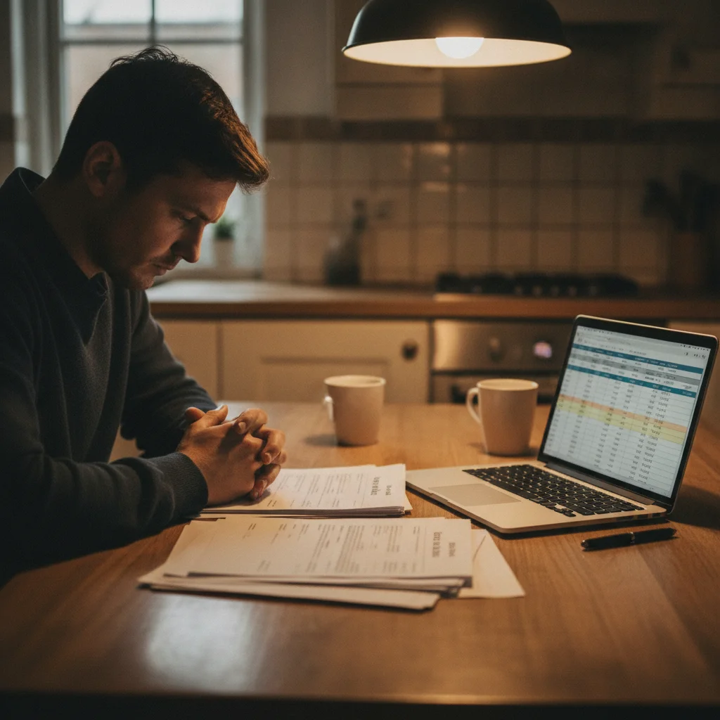 Person reviewing auto loan documents and refinancing calculations on a laptop at home