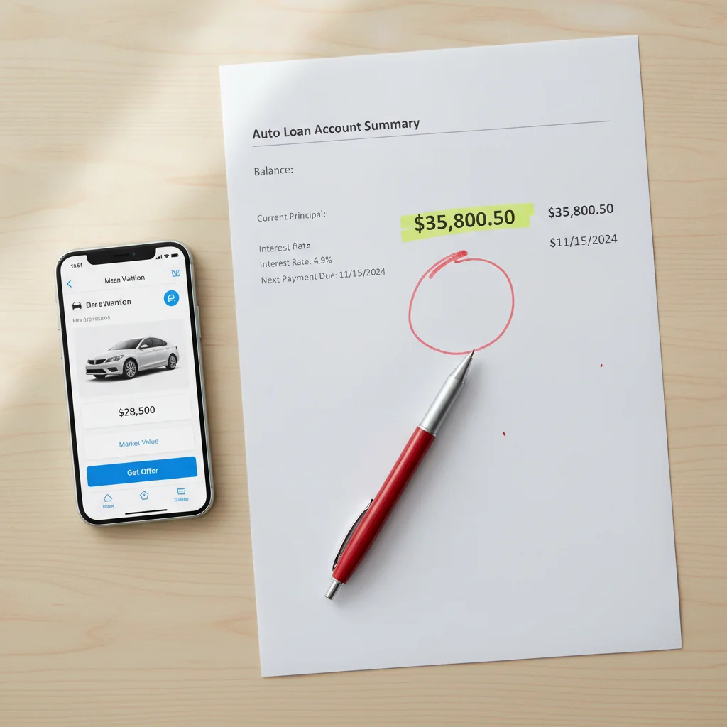 Loan statement and car valuation app side by side showing the negative equity gap