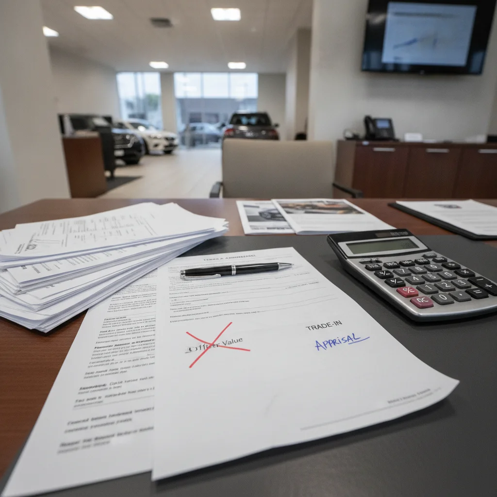Dealership finance office with loan and trade-in paperwork showing revised numbers