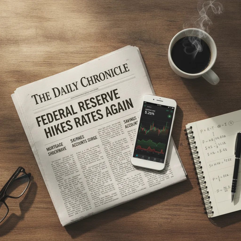 Desk with financial newspaper, smartphone showing rate graphs, and handwritten loan calculations