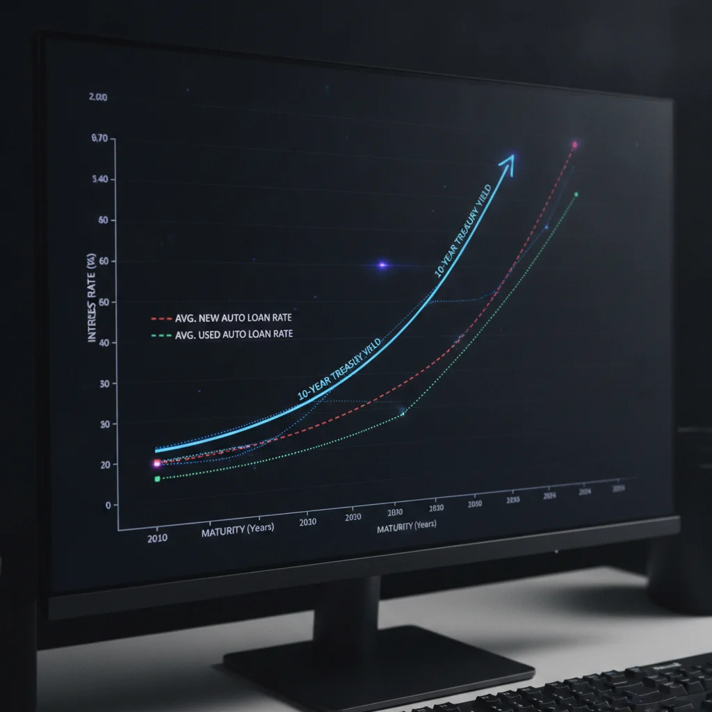 Computer screen showing Treasury yield curve chart alongside historical auto loan rate comparison graph