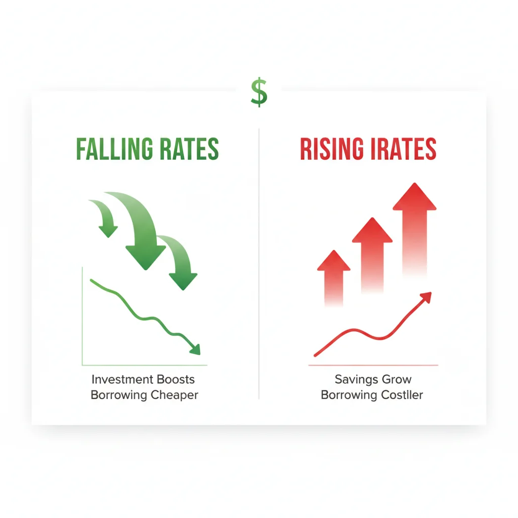 Infographic split into two panels comparing falling versus rising interest rate economic environments with directional arrows