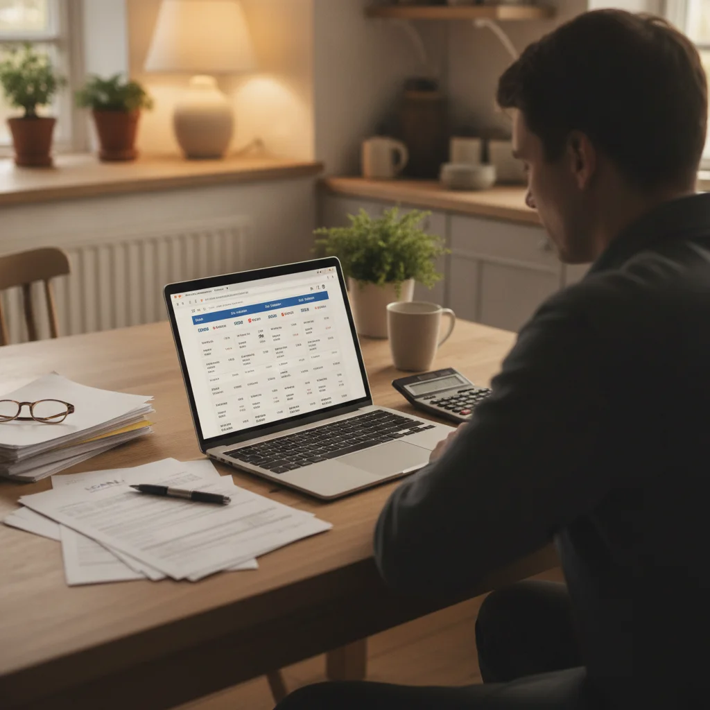 Person at kitchen table comparing auto loan refinancing offers on a laptop with documents and calculator nearby