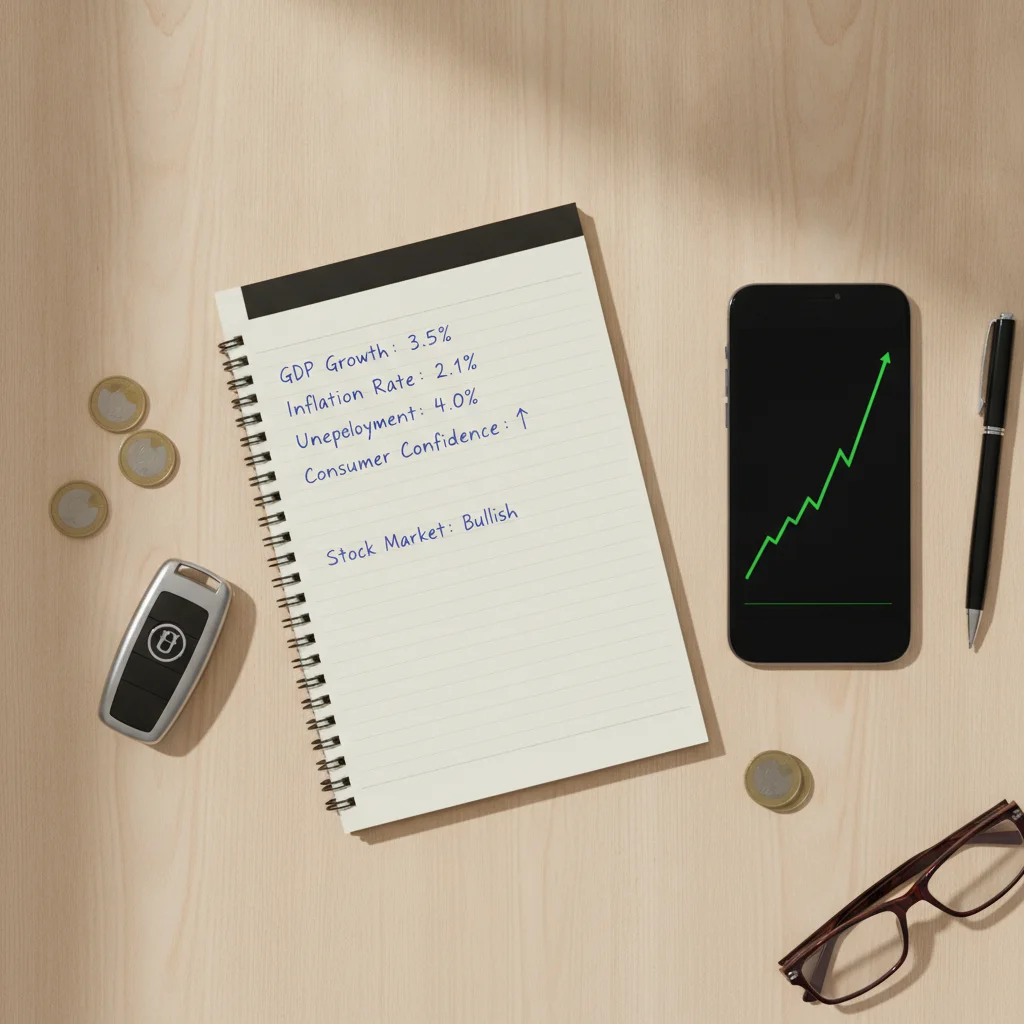 Notepad with economic indicator notes beside a smartphone graph and car keys on a desk