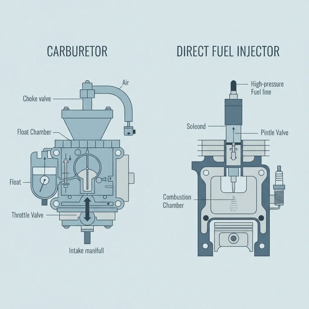 Diagram comparing a carburetor fuel delivery system with a modern direct fuel injection system