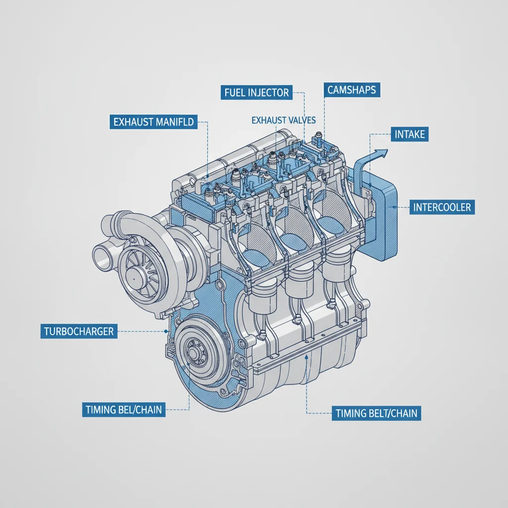 Cross-section diagram of a turbocharged engine showing turbocharger, intake system, and direct fuel injectors