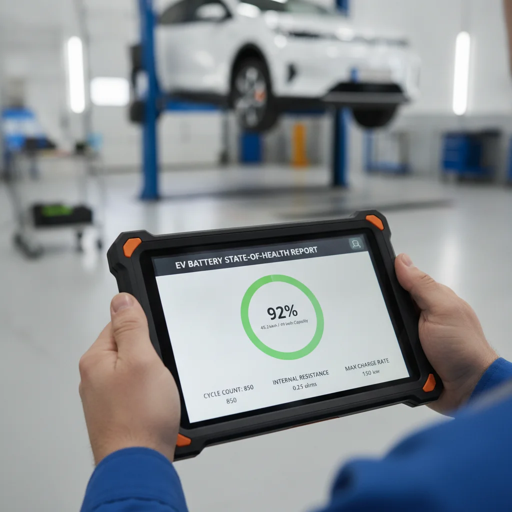 Automotive technician reviewing battery state-of-health diagnostic data on a tablet in a service bay
