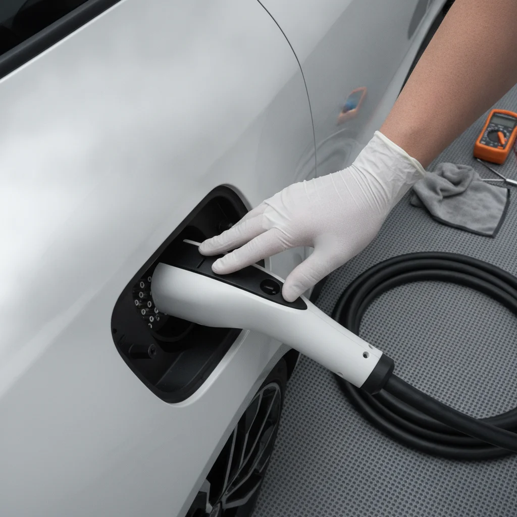 Close-up inspection of an electric vehicle charging port with a DC fast charging cable nearby