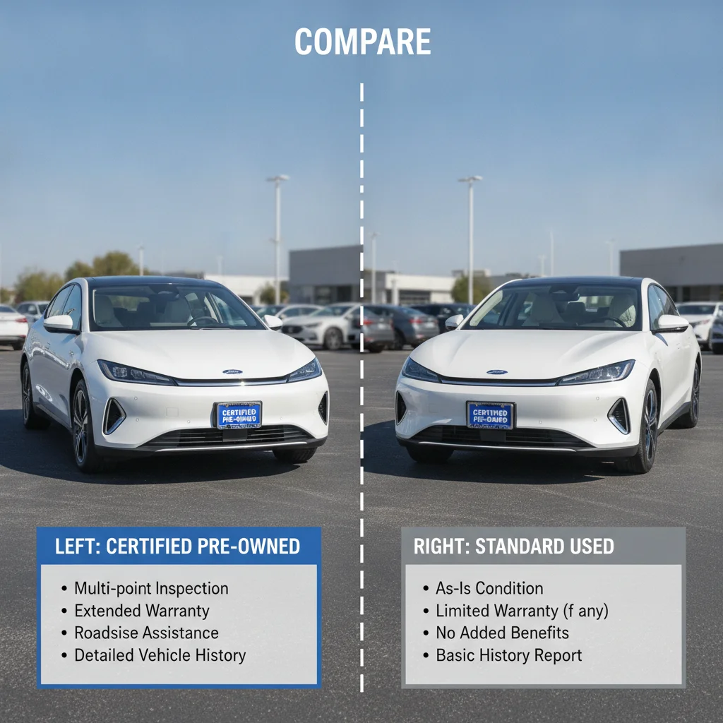 Two similar electric vehicles on a dealership lot side by side, one with a CPO certification badge