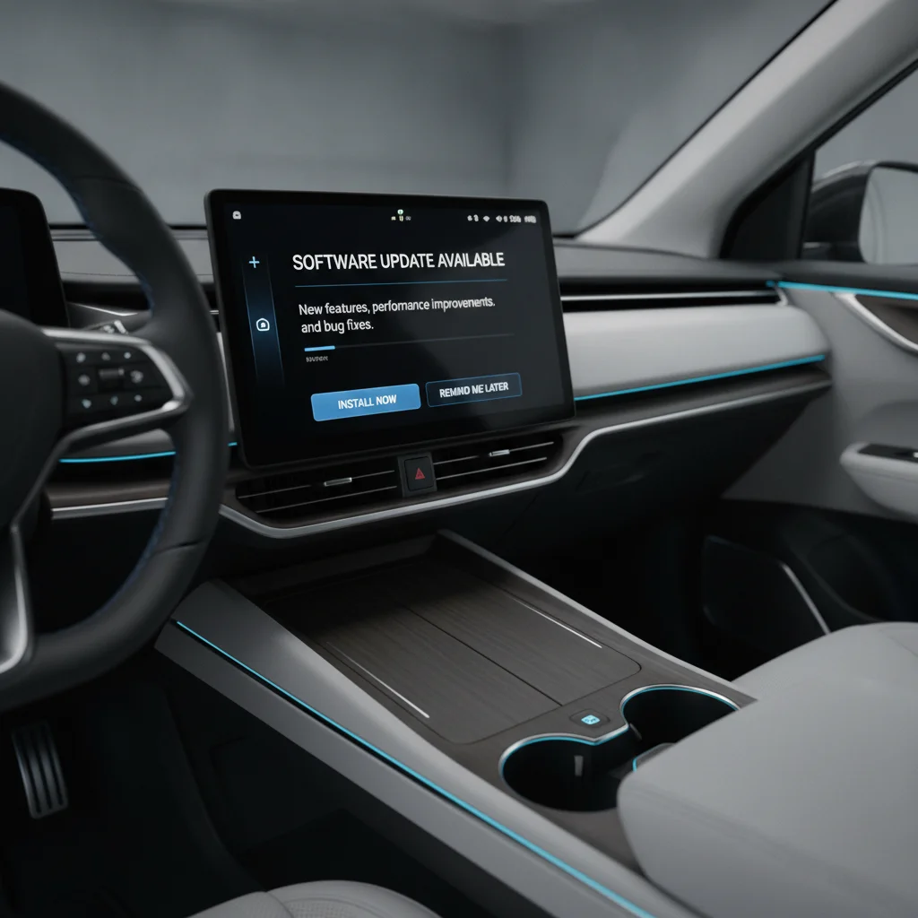 EV dashboard showing an over-the-air software update notification screen
