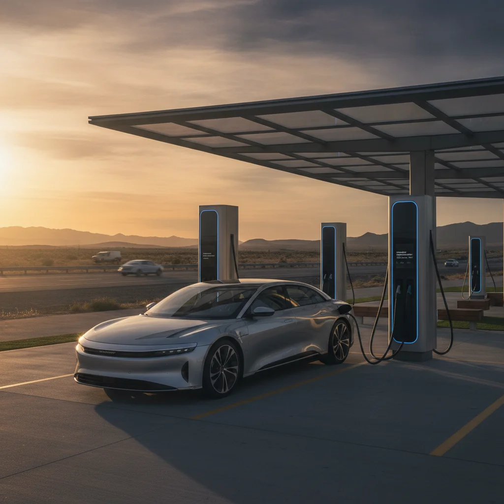 Electric vehicle plugged into a fast charger at a roadside charging station with highway in background