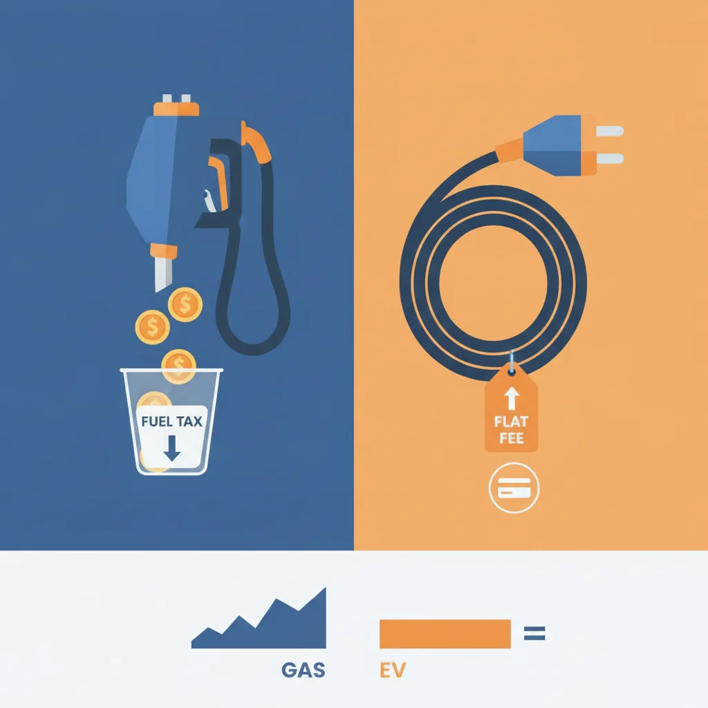 Infographic comparing gas tax per gallon versus flat EV registration surcharge as revenue sources