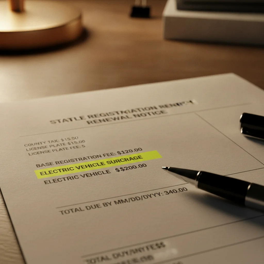 Vehicle registration renewal form with EV surcharge line item highlighted in bold