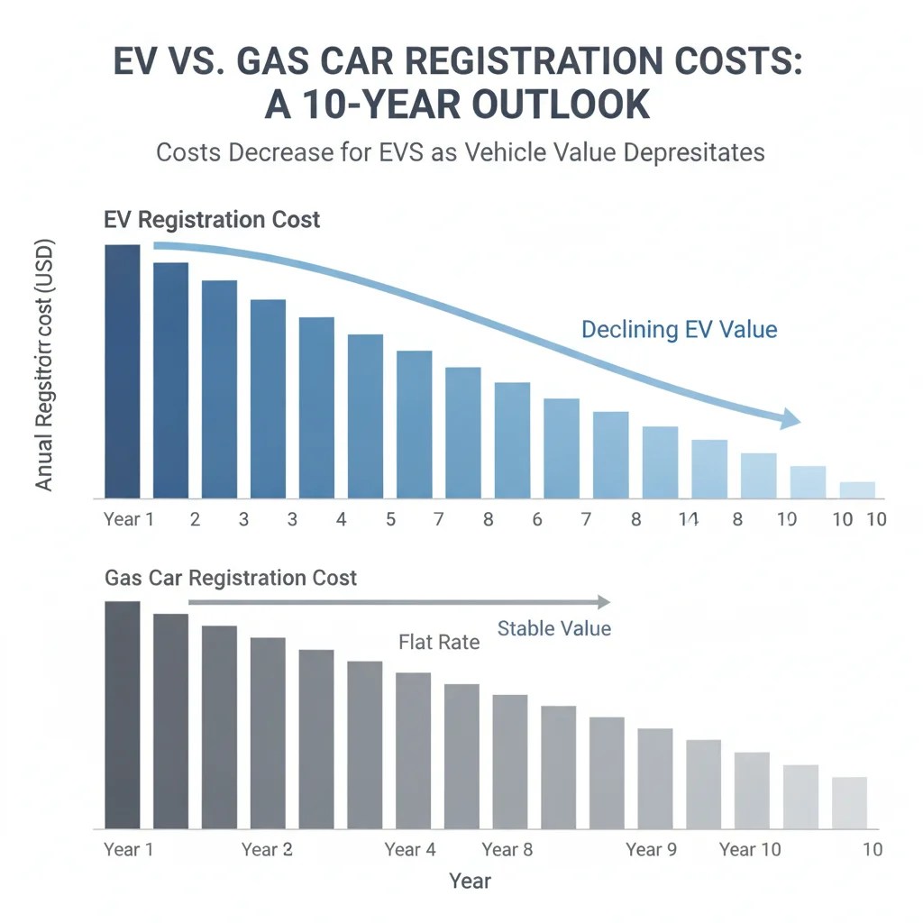 Bar chart timeline showing EV registration costs declining over 10 years compared to stable gas car fees
