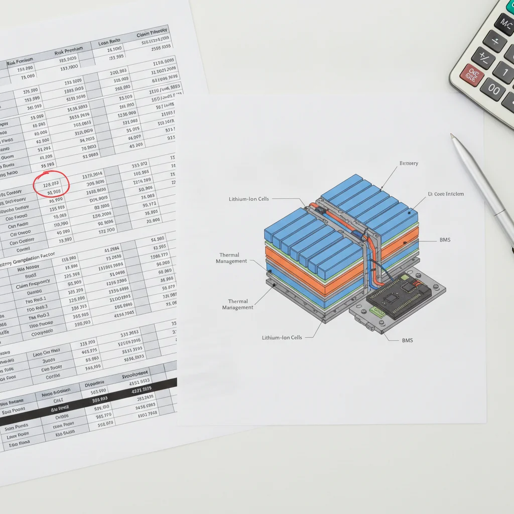Insurance actuarial worksheet placed next to a cutaway diagram of an EV battery pack on a desk