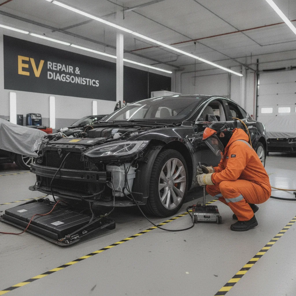 Automotive technician repairing the undercarriage battery area of an electric vehicle in a body shop