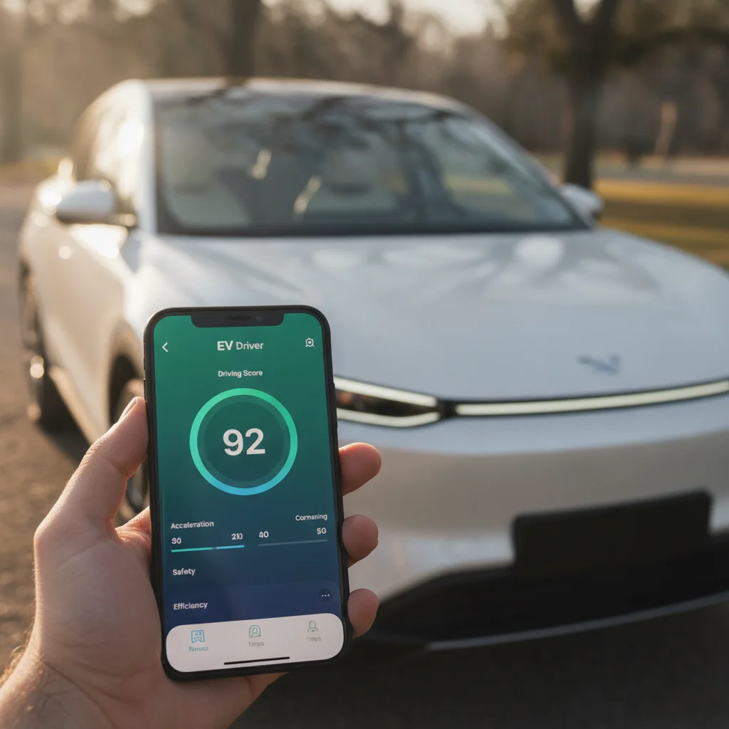 Smartphone showing telematics driving score app with an electric vehicle visible through the windshield