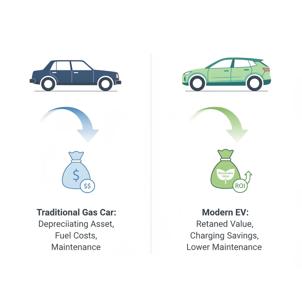 Comparison graphic showing depreciation curves for a gas car versus an electric vehicle over time
