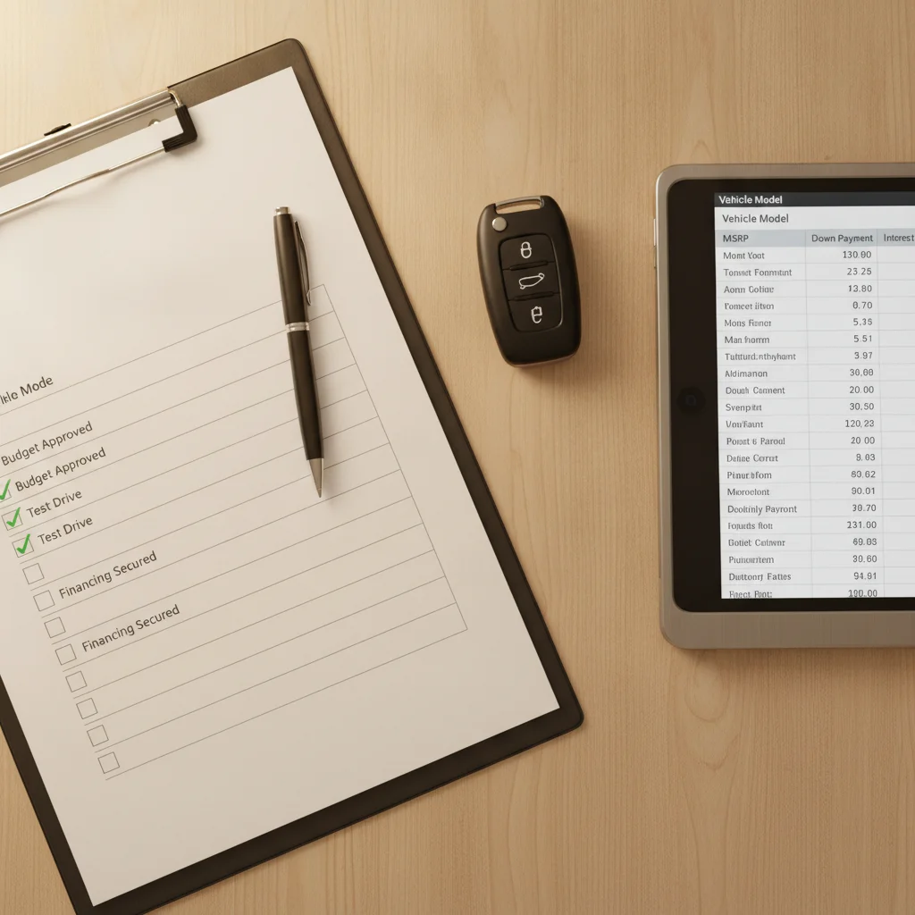 Checklist and pricing data on a desk representing the step-by-step EV pricing process for sellers
