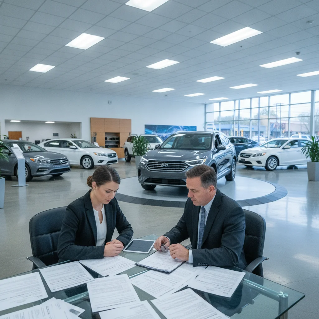 Buyer and salesperson negotiating at a desk inside a car dealership showroom.