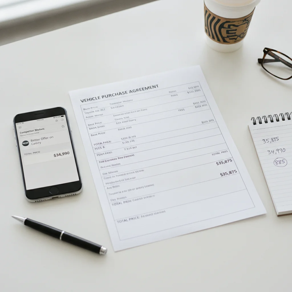 Printed dealer quote beside a smartphone showing a competing email offer and handwritten notes.