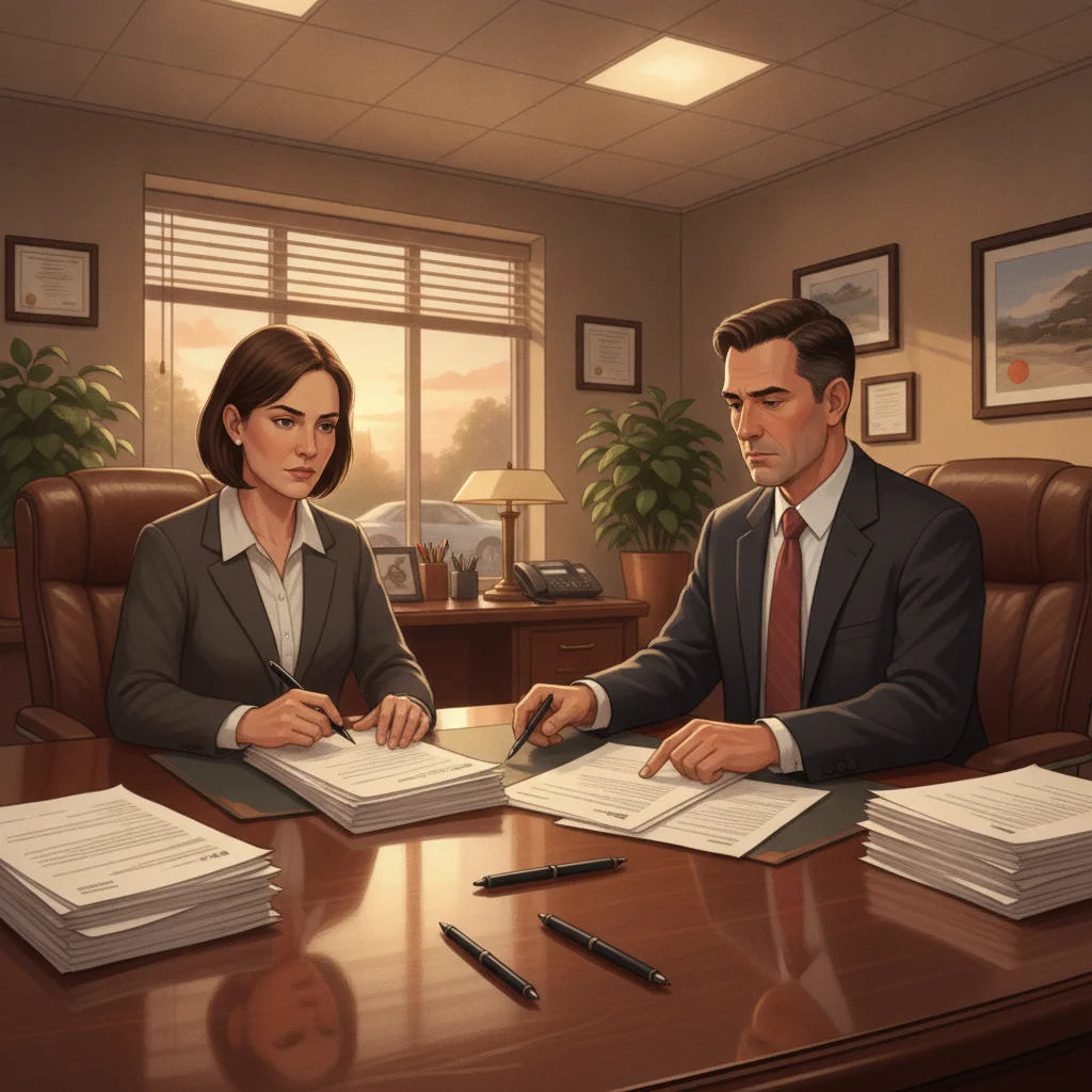 Car buyer reviewing contracts in a dealership finance and insurance office with a finance manager.
