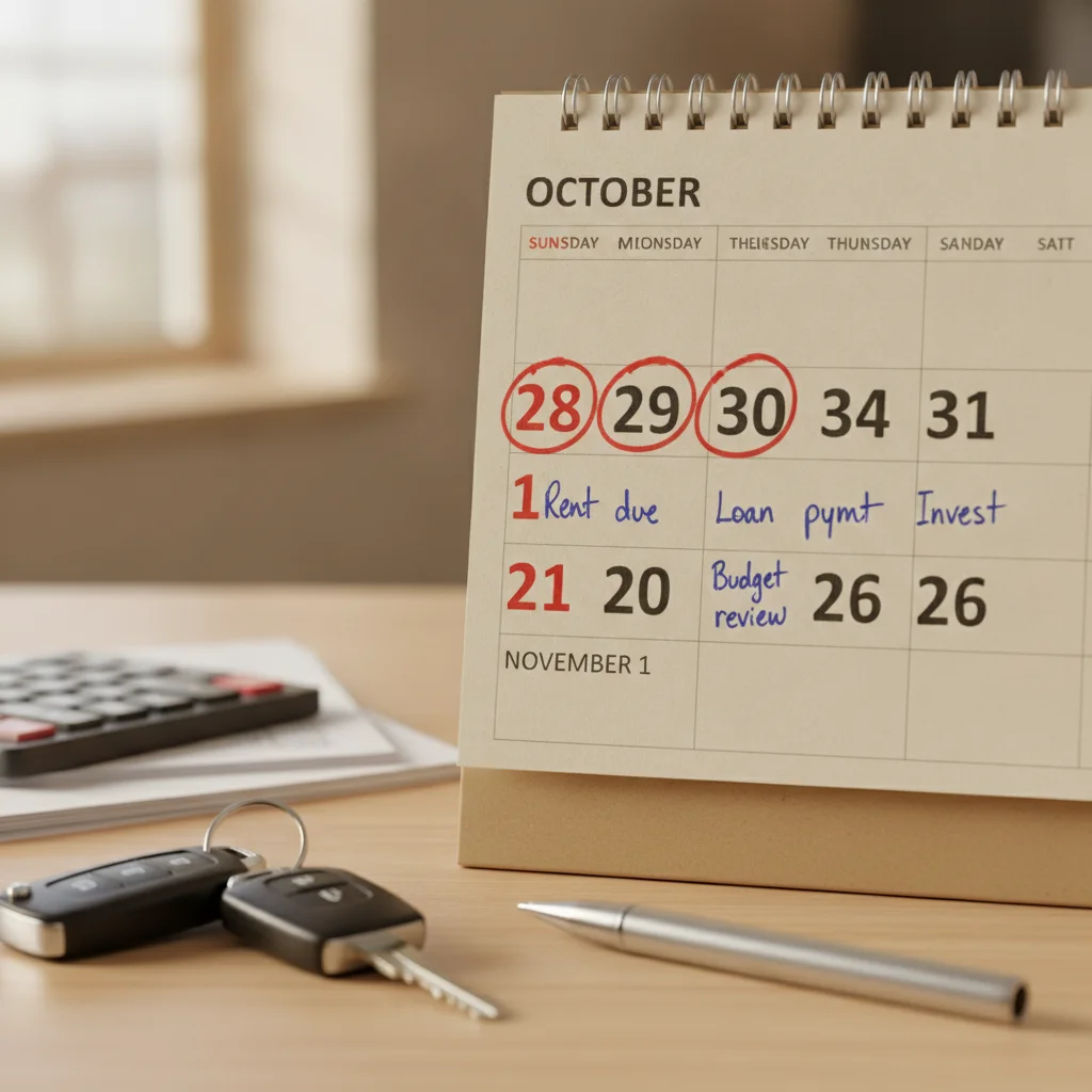 Wall calendar with the last days of the month circled in red next to a set of car keys