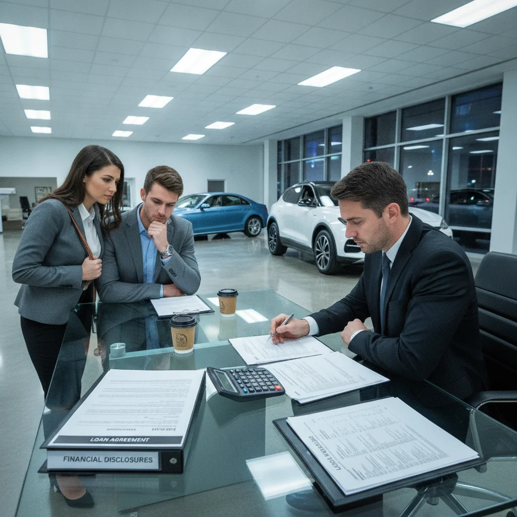 Car dealership finance office with salesperson reviewing paperwork, calculator, and financial documents on desk