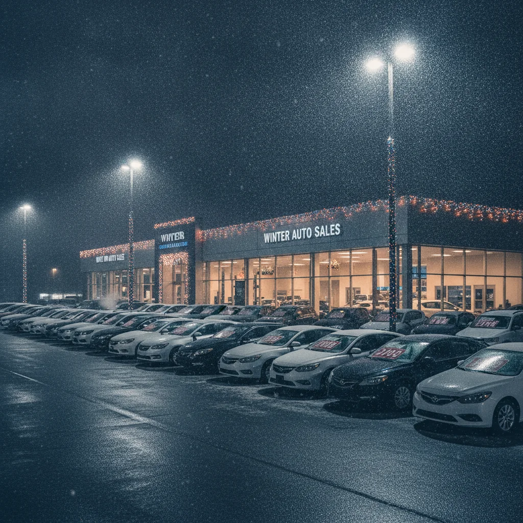 Car dealership lot at night in December with holiday lights and rows of vehicles with discount banners