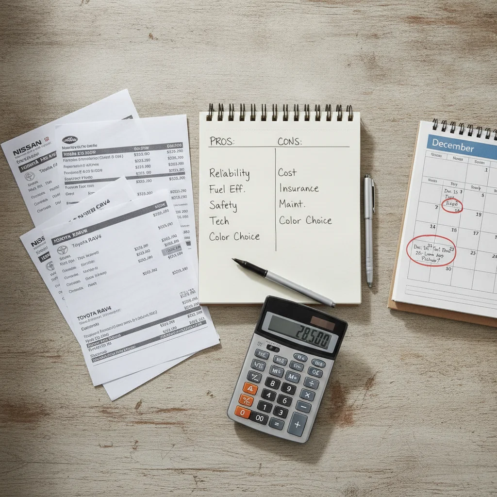 Car buyer's planning materials including notepad, calculator, price quotes, and December calendar on a desk