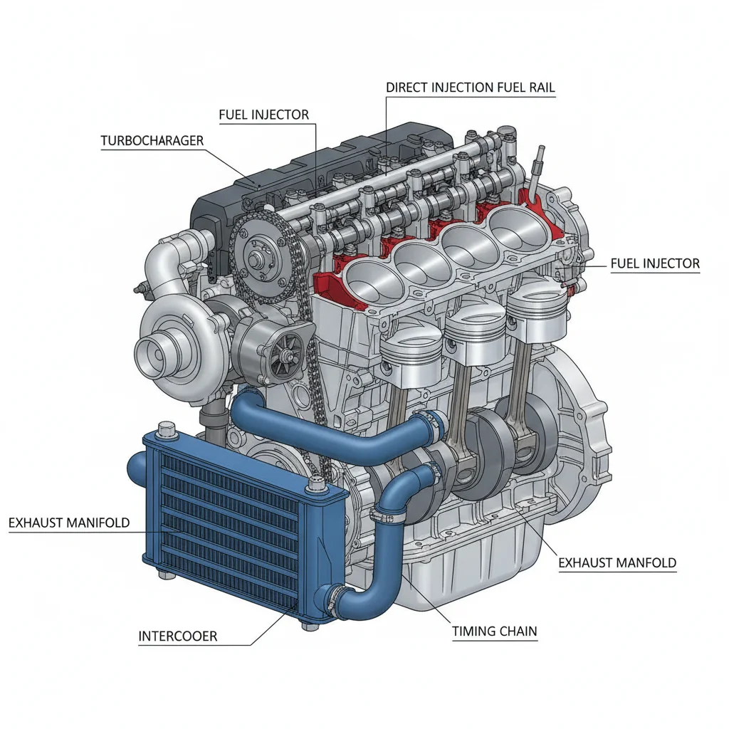 Cutaway diagram of a turbocharged four-cylinder engine showing key components including turbocharger and intercooler