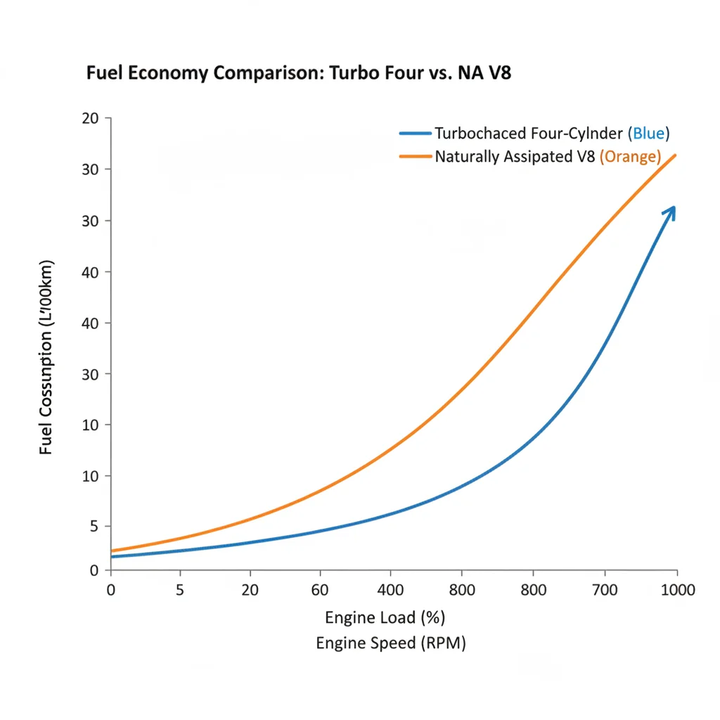 Graph comparing fuel consumption curves of a turbocharged four-cylinder and a naturally aspirated V8 engine at various loads