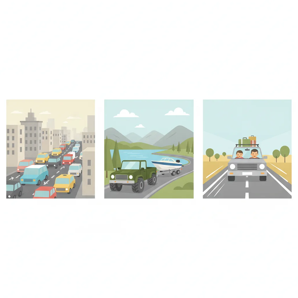 Three driving scenarios showing a city commuter sedan, a towing pickup truck, and a highway SUV representing different engine efficiency contexts
