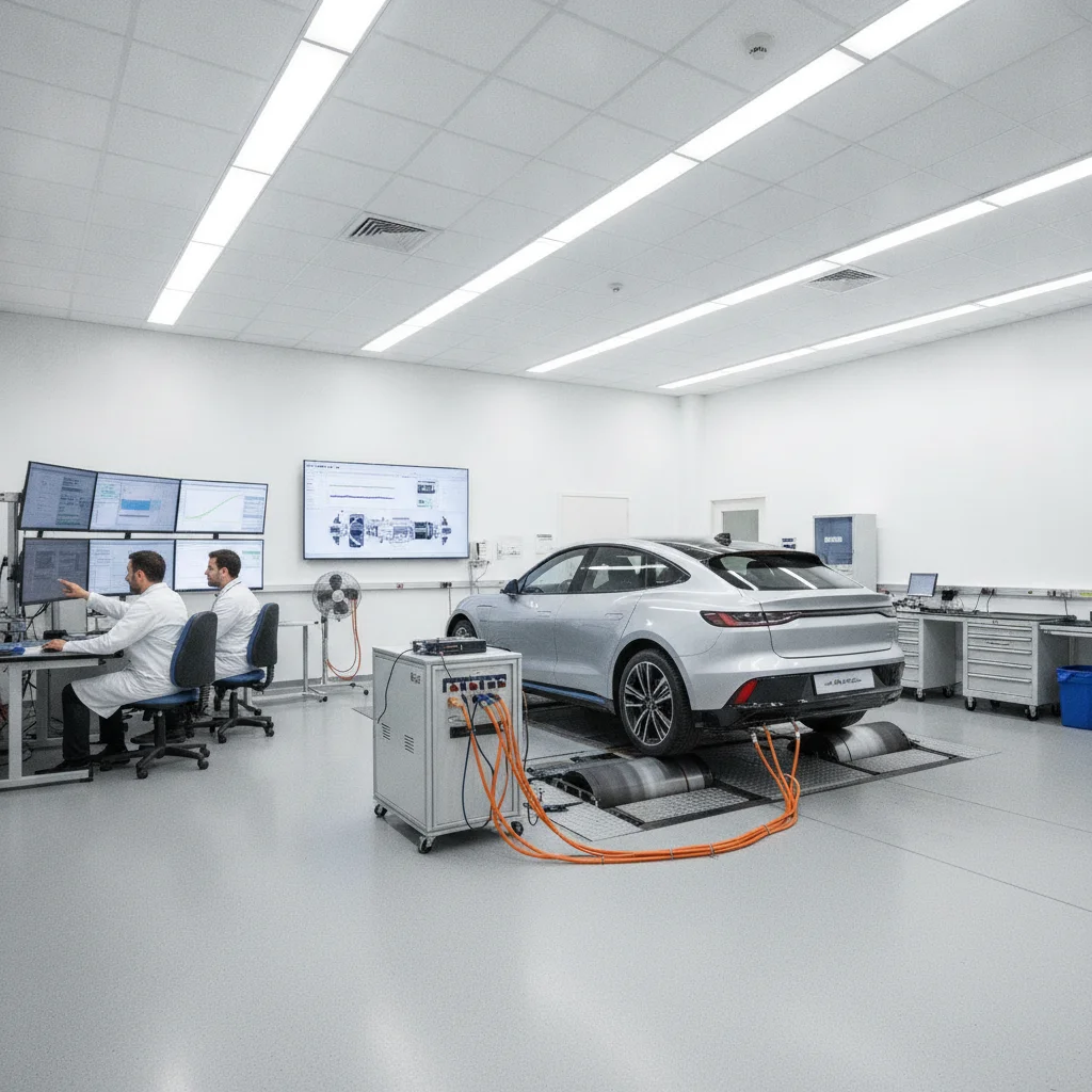 Electric vehicle on a chassis dynamometer in an EPA laboratory testing facility with monitoring equipment