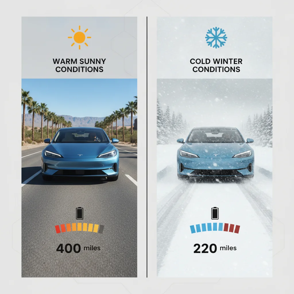 Side-by-side illustration of an electric vehicle's range gauge in warm versus cold winter driving conditions