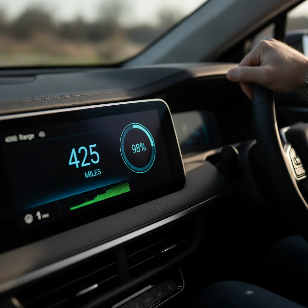 Electric vehicle dashboard displaying remaining range estimate and battery state of charge percentage