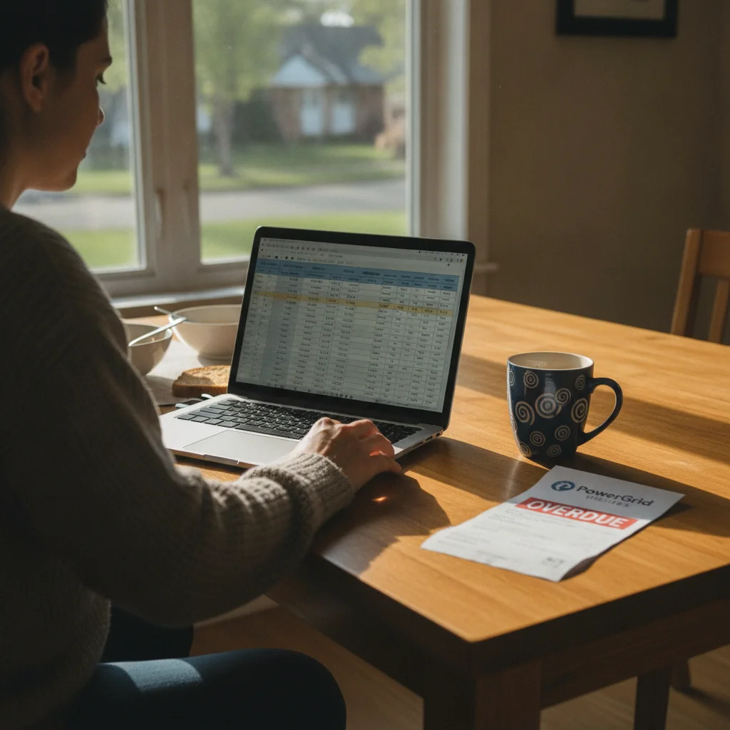 Person at kitchen table calculating EV charging costs on a laptop with electricity bill and coffee nearby