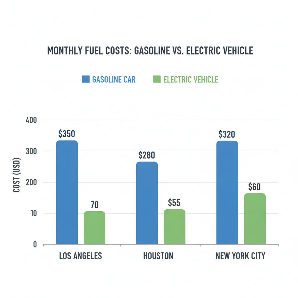 Bar chart comparing monthly gasoline fuel costs versus EV charging costs across multiple U.S. cities