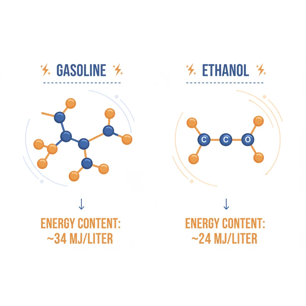 Infographic diagram comparing the energy content of gasoline versus ethanol per gallon