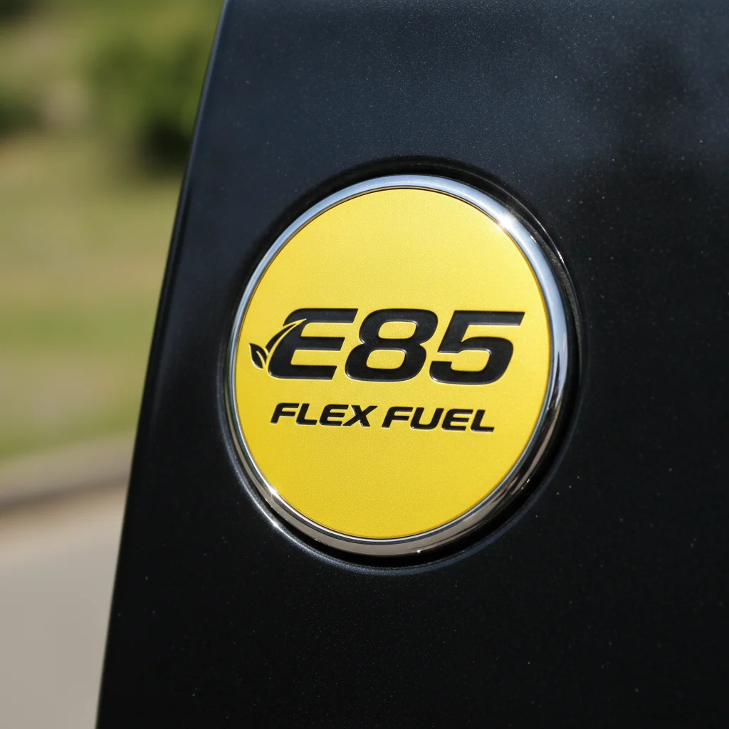 Yellow flex-fuel gas cap badge on a vehicle showing E85 compatibility label