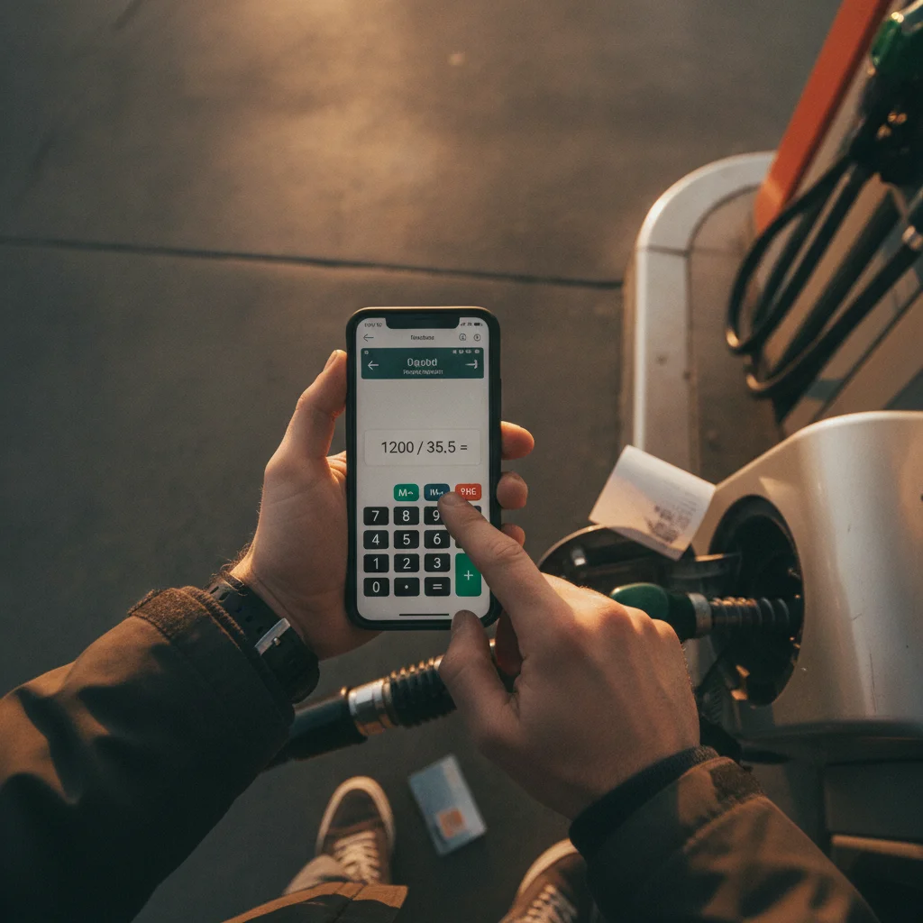 Driver using a smartphone to calculate cost per mile while standing at a gas station fuel pump