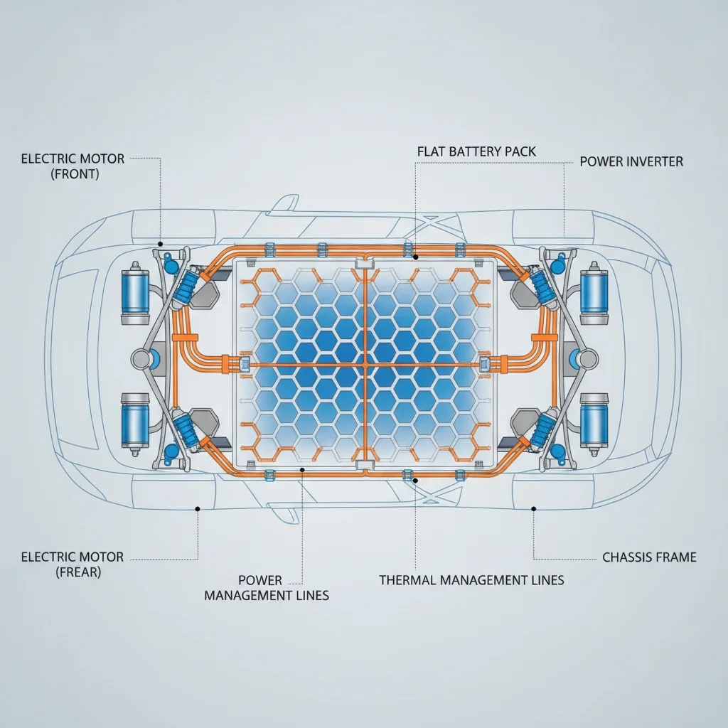 Overhead diagram of EV chassis with battery pack visible in the floor structure beneath the cabin